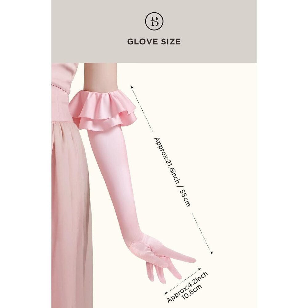 Women's Pink Long Satin Ruffle Cuff Stretchy Sleeves Gloves Wedding Costume - Picture 5 of 7